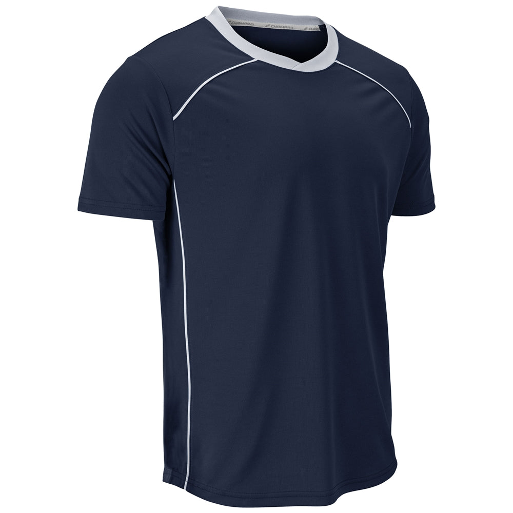 A navy blue short-sleeve athletic t-shirt with white contrast stitching along the neckline and sides, displayed on a clean white background.