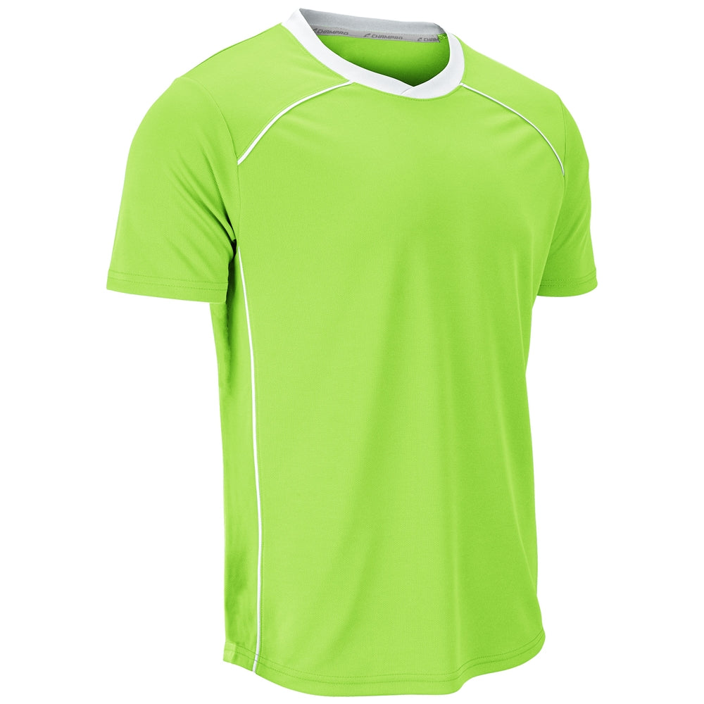 A bright lime green short-sleeve athletic t-shirt with white contrast stitching along the neckline and sides, displayed on a clean white background.