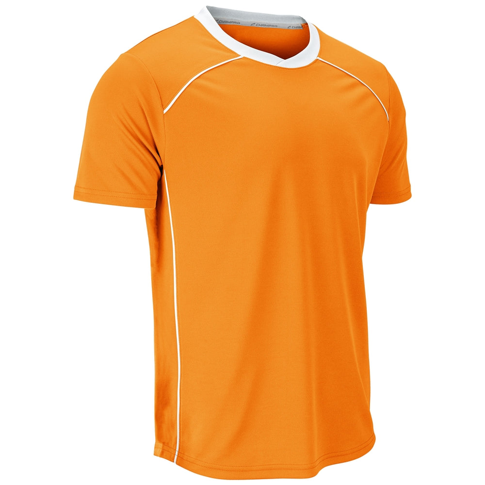 An orange short-sleeve athletic t-shirt with a white v-neck collar and white piping details, displayed on a clean white background.