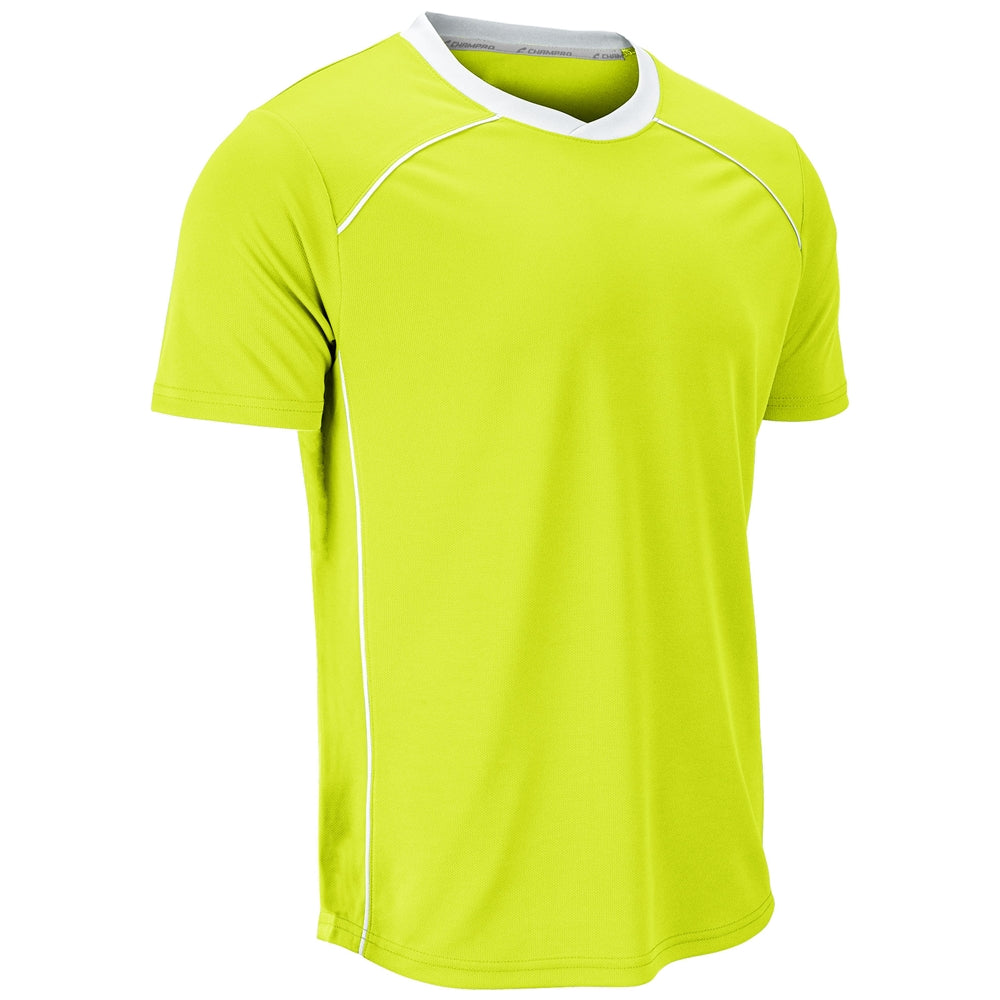 A bright neon yellow-green athletic t-shirt with white contrast stitching, a white inner collar, and a gray outer collar trim, shown on a plain white background.