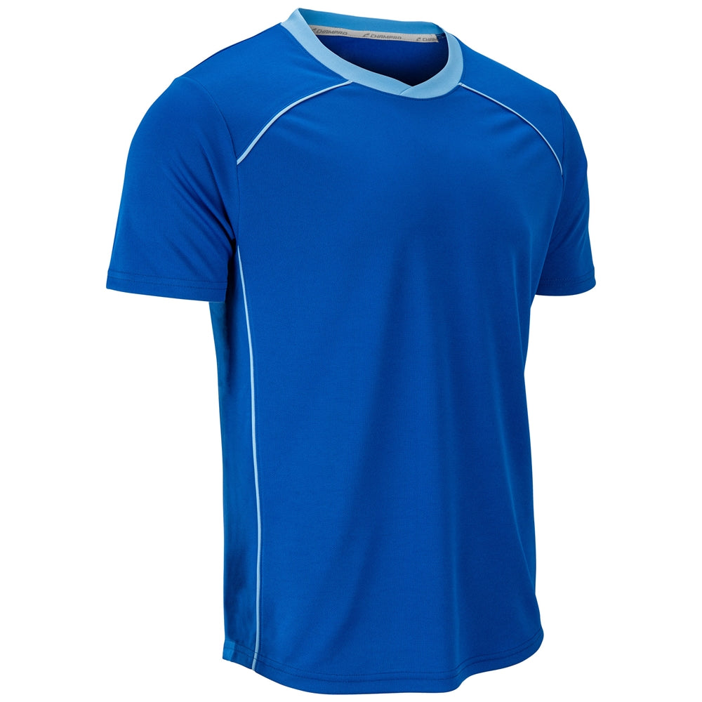 A royal blue short-sleeve athletic t-shirt with light blue trim on the crew neck and white piping details along the shoulders and sides, shown on a plain white background.