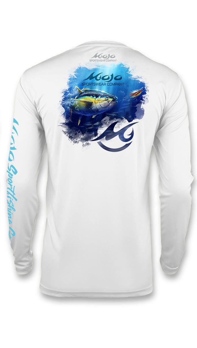 White long-sleeve shirt with blue graphic and 'Mojo' branding on a white background