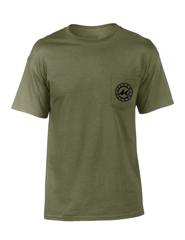 A green short sleeve crew neck t-shirt with a Betsy Ross flag design on the back.