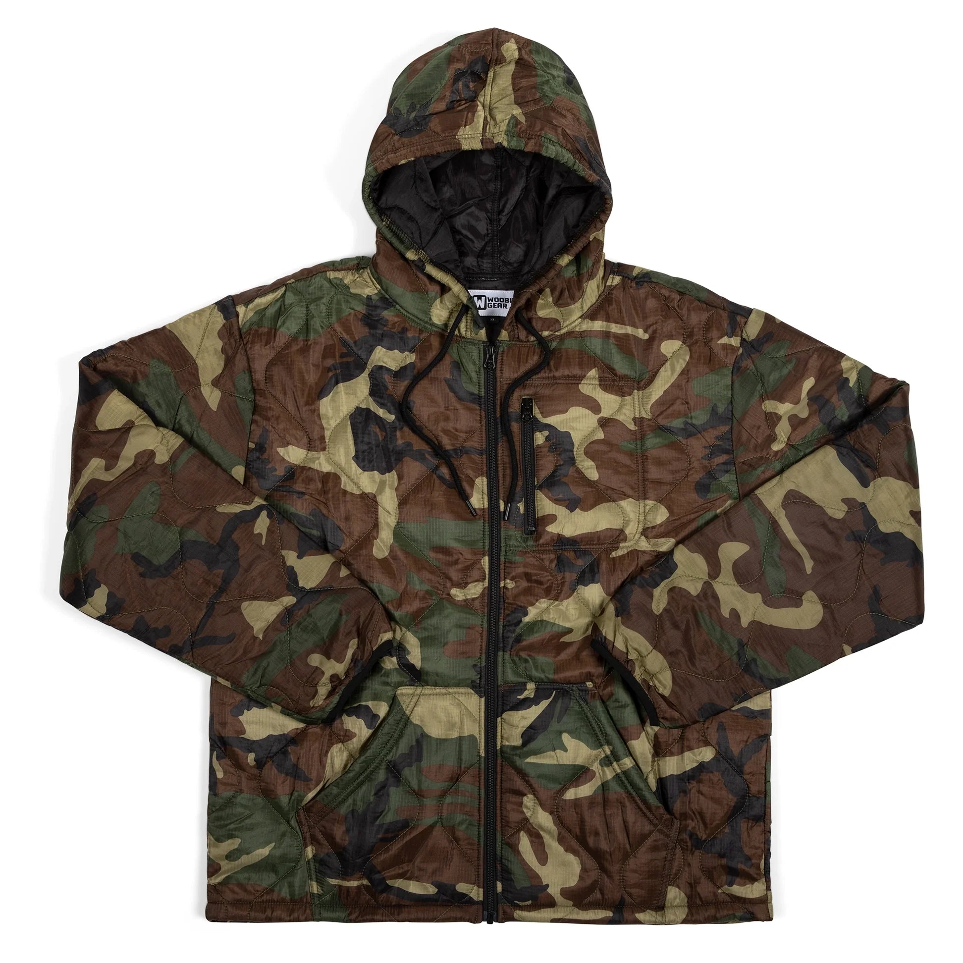 Camouflage jacket with a hood on a white background
