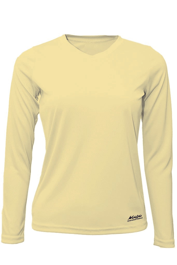 A yellow long-sleeved performance shirt with a graphic print of a surfer and palm trees on the back.