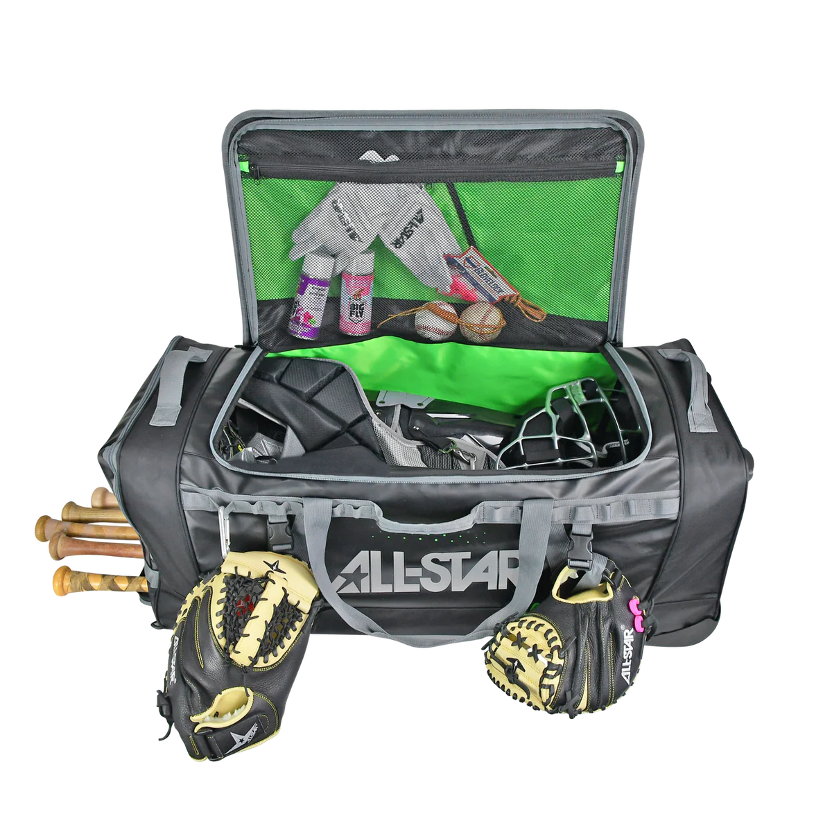 Open gray sports bag with various equipment on a white background, featuring the All-Star brand.