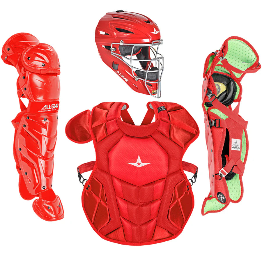 Scarlet catcher's gear set including helmet, chest protector, and leg guards on a white background