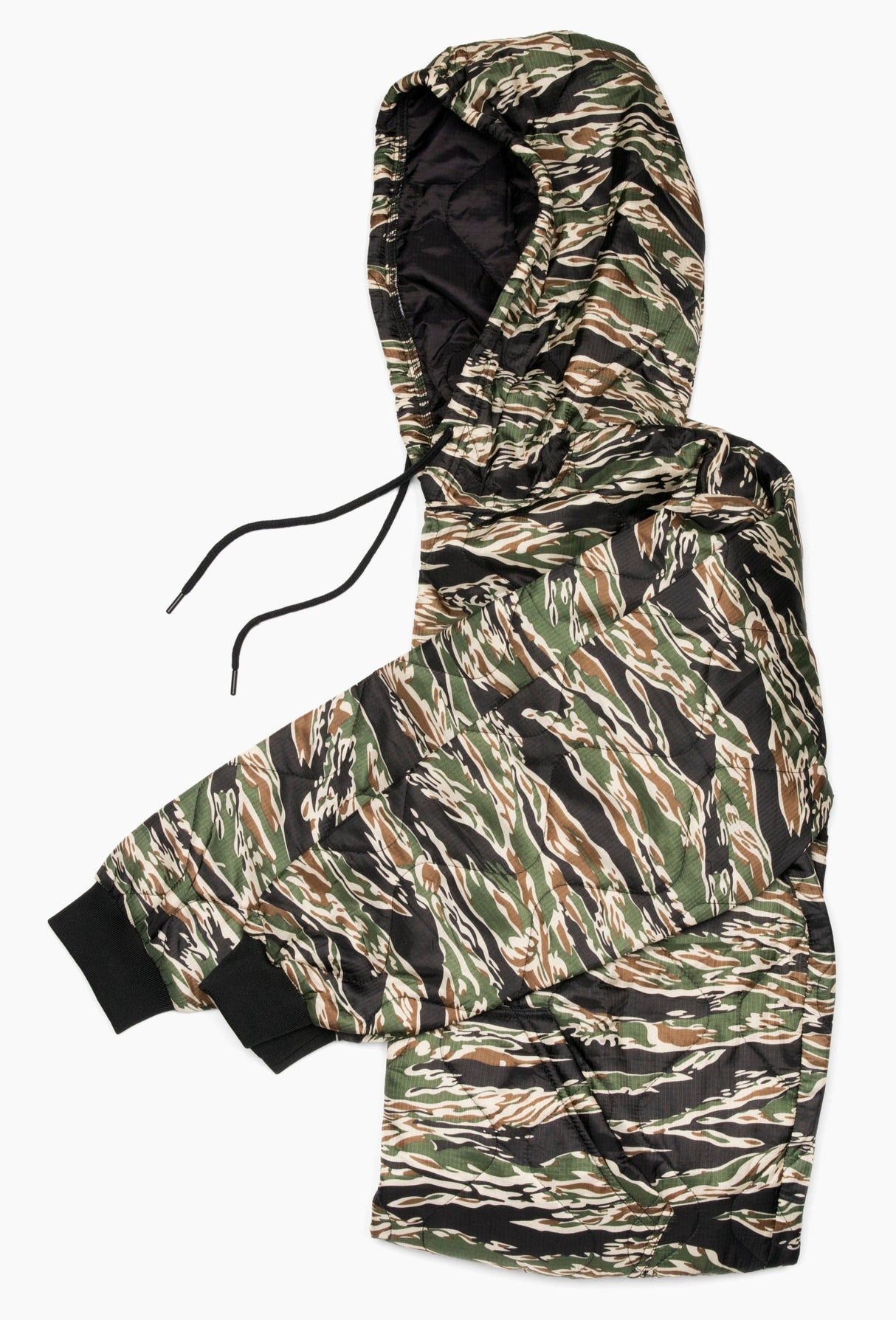 Camouflage-patterned snowsuit with a hood on a white background