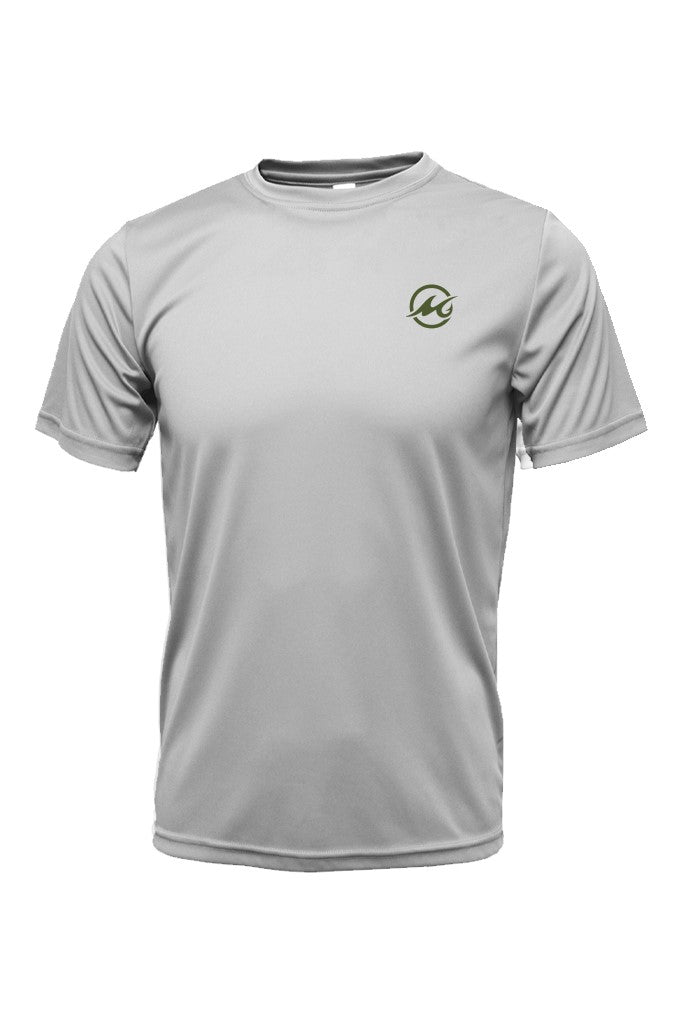 A short-sleeved grey polyester t-shirt with a graphic print of two bass fish and the brand name 'Mojo' on the back.