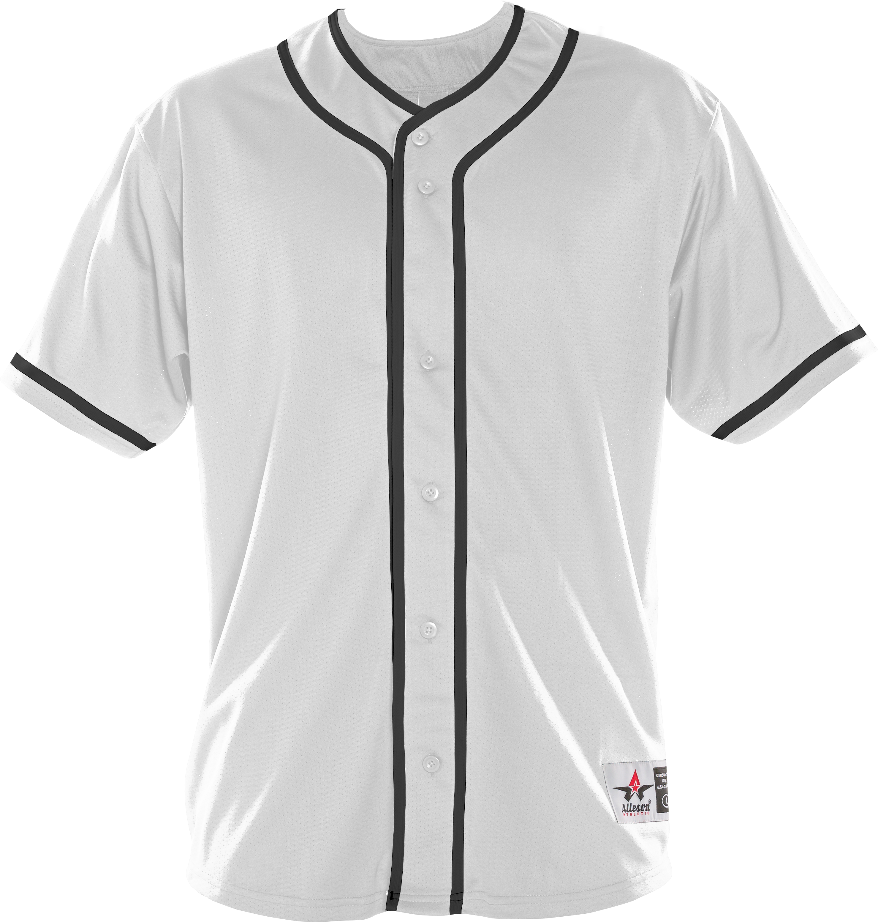 White baseball jersey with black accents on a white background