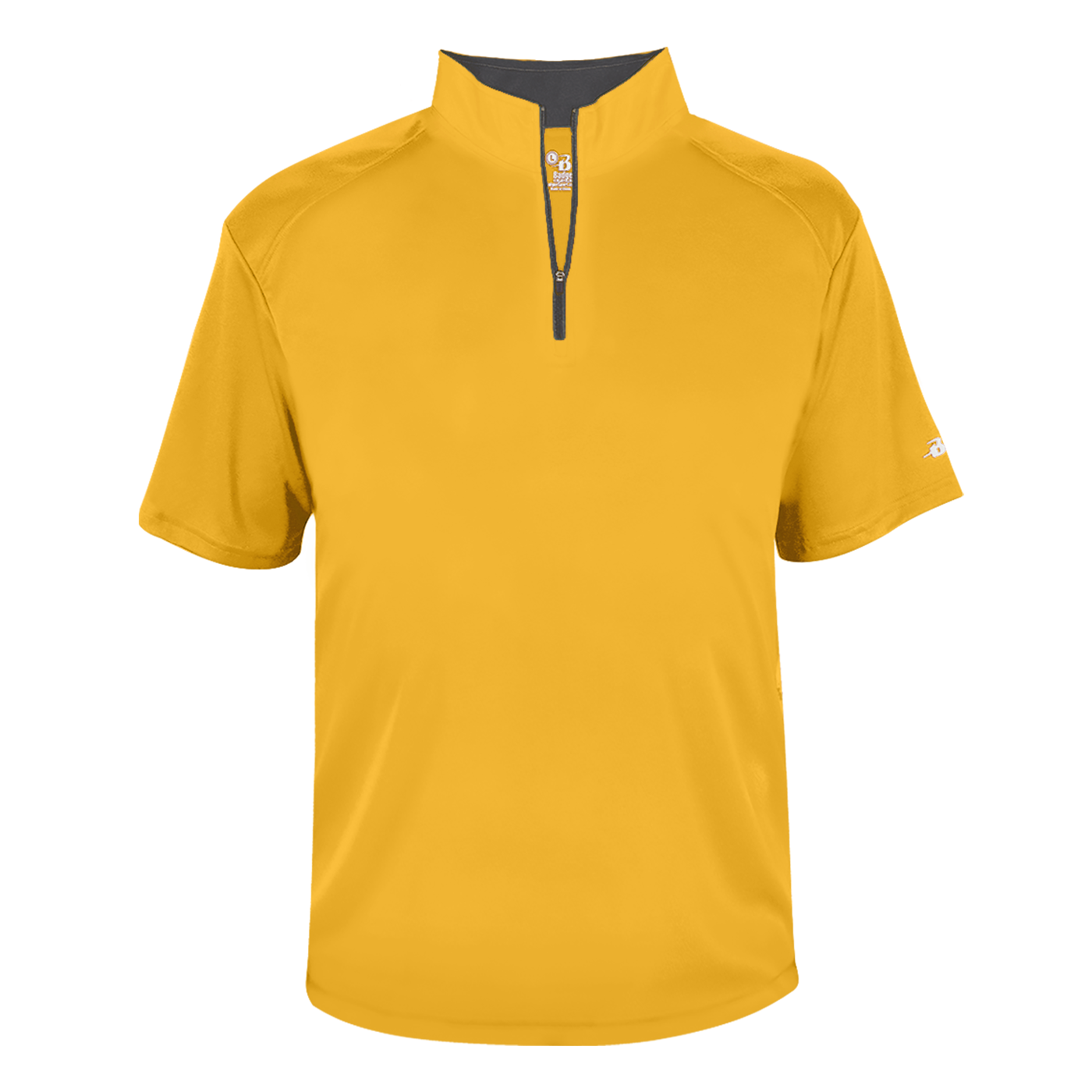 Yellow short-sleeve shirt with a quarter zip on a white background