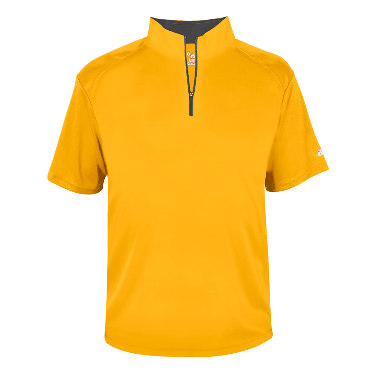 Yellow short-sleeve shirt with a quarter zip on a white background
