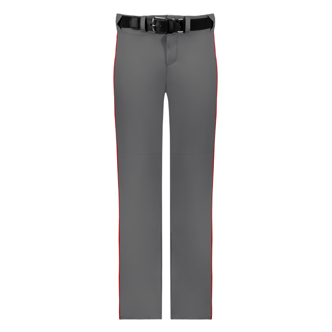 Gray pants with red accents and a black belt on a white background