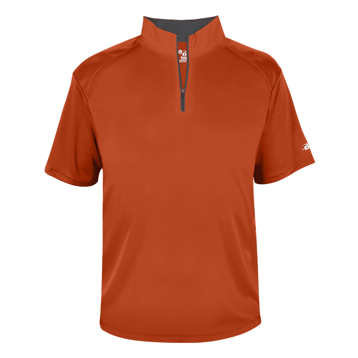 Orange short-sleeve shirt with a quarter zip on a white background