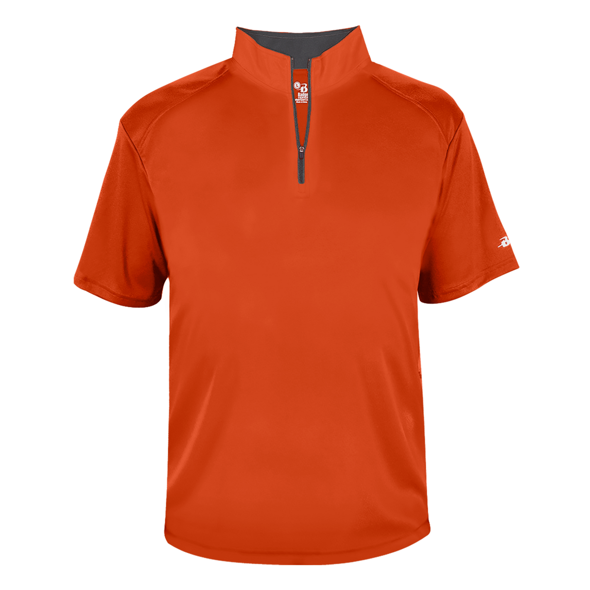 Orange short-sleeve shirt with a quarter zip on a white background