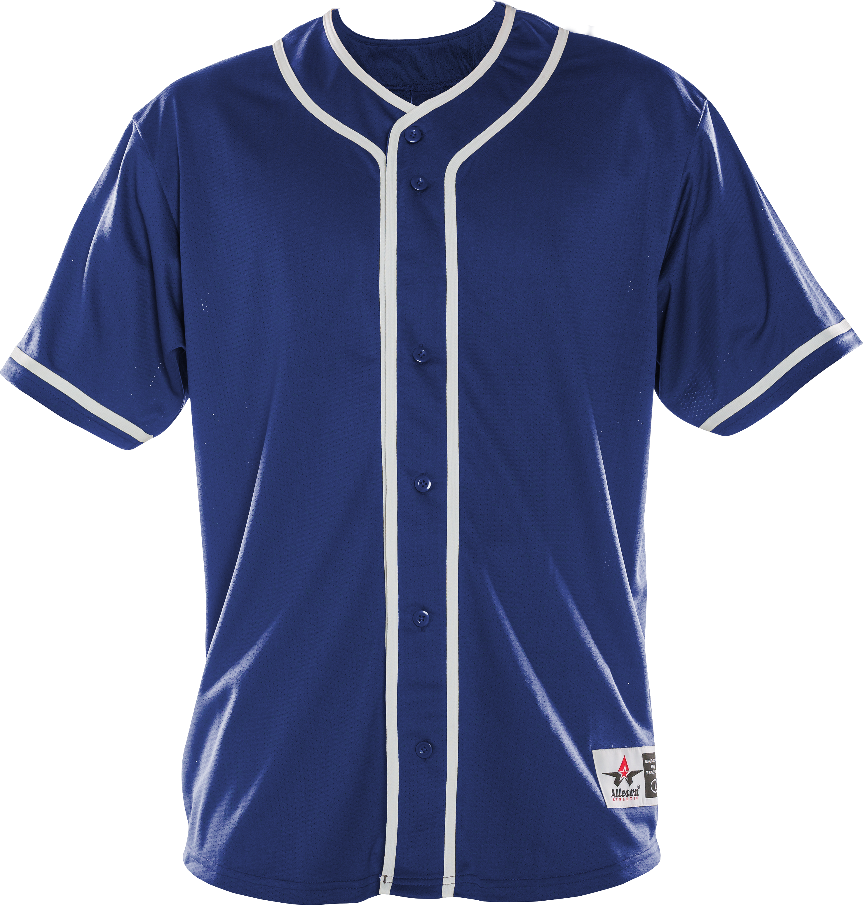 Blue baseball jersey with white accents on a white background