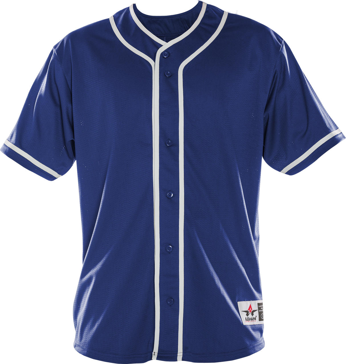 Blue baseball jersey with white accents on a white background