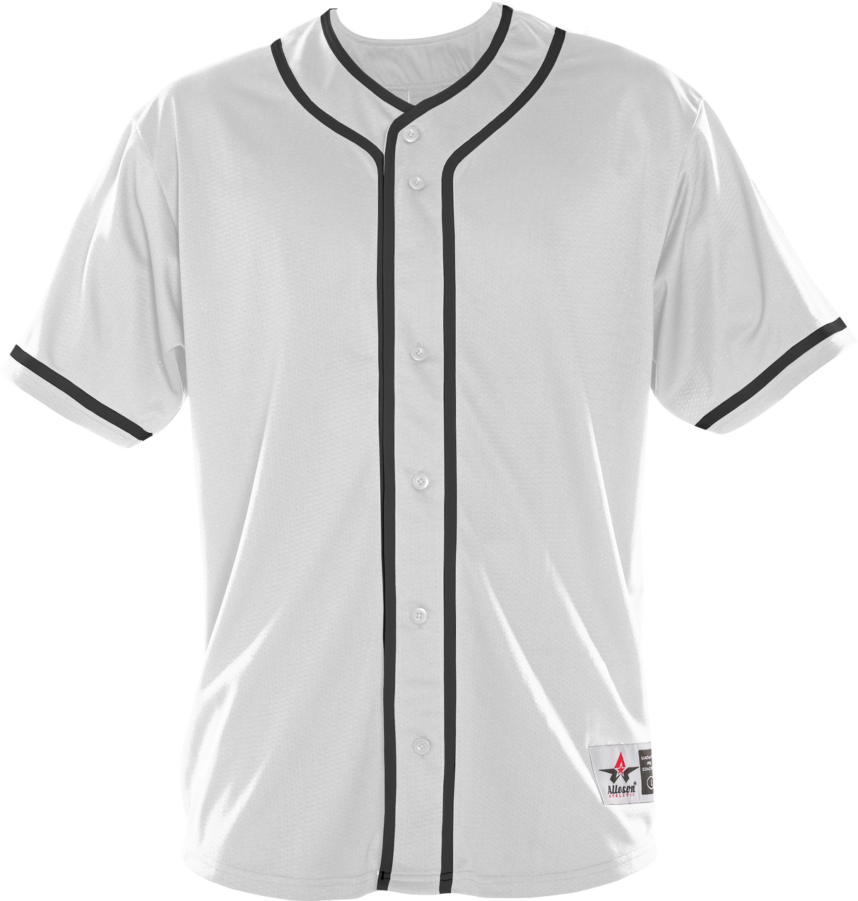 White baseball jersey with black accents on a white background
