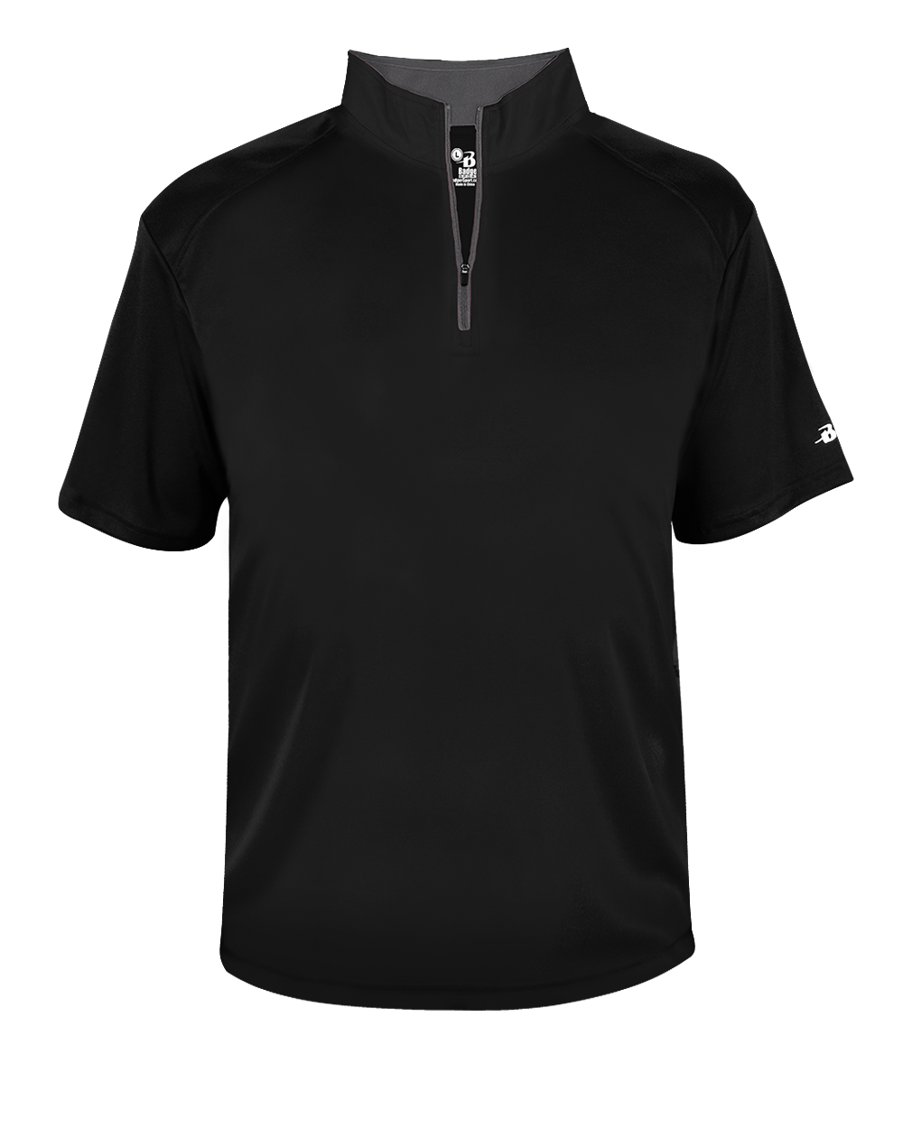 Black short-sleeve pullover with a quarter zip on a white background