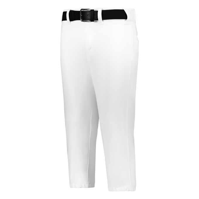White pants with a black belt on a grey background