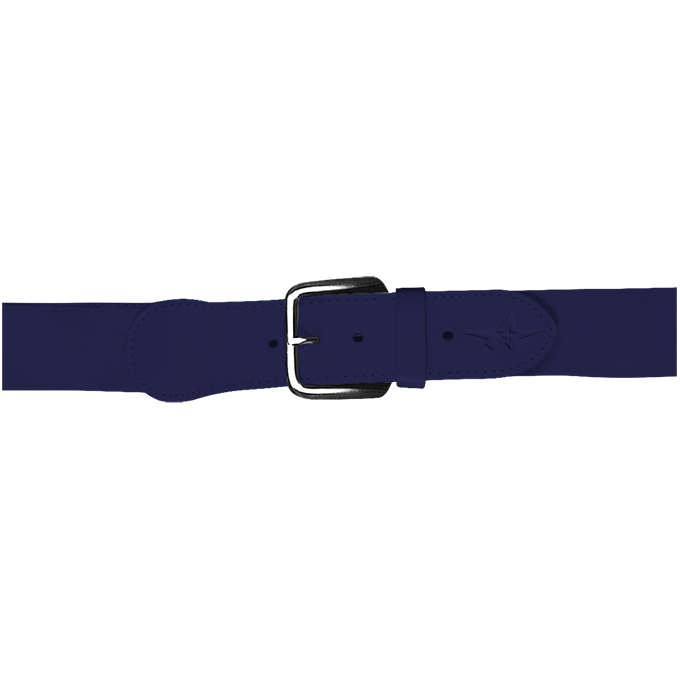 Navy blue belt with a silver buckle on a white background