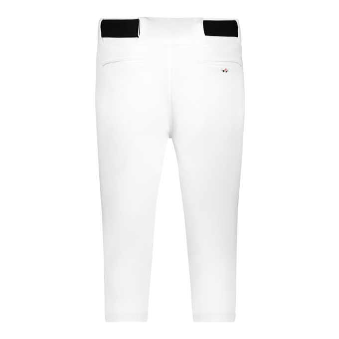 White pants with a black belt on a grey background