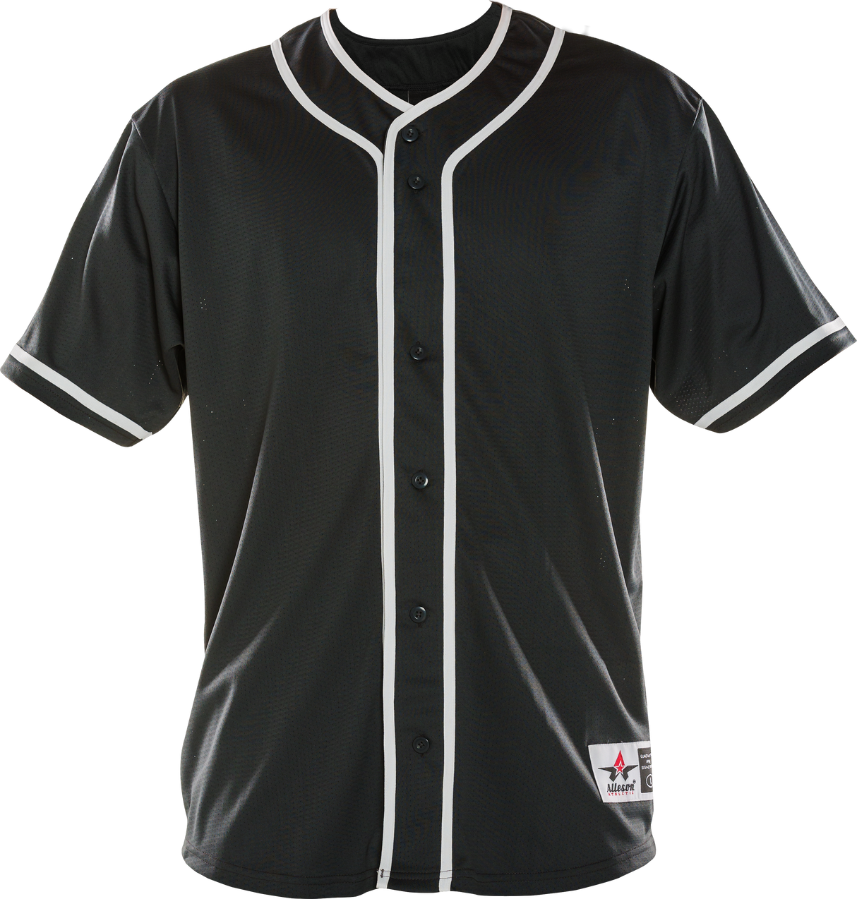 Black baseball jersey with white accents on a white background