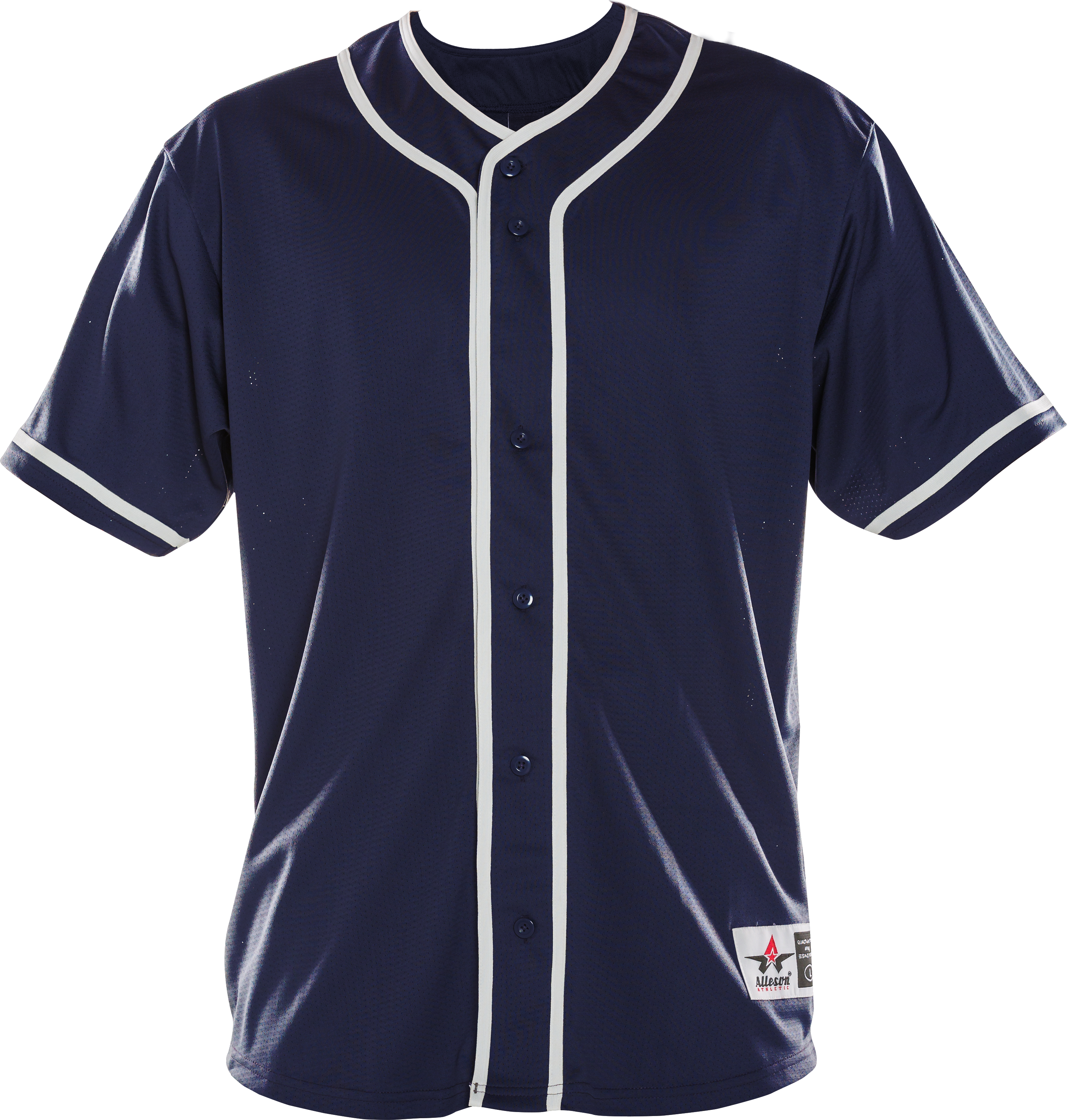 Navy blue baseball jersey with white accents on a white background