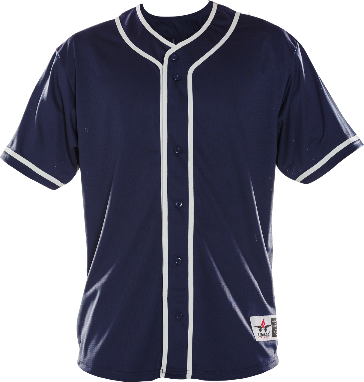 Navy blue baseball jersey with white accents on a white background