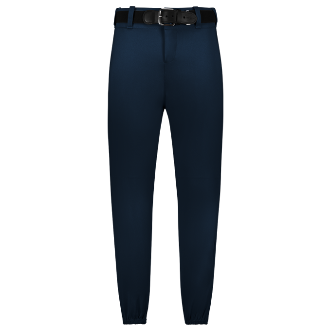 Navy blue pants with a black belt on a white background