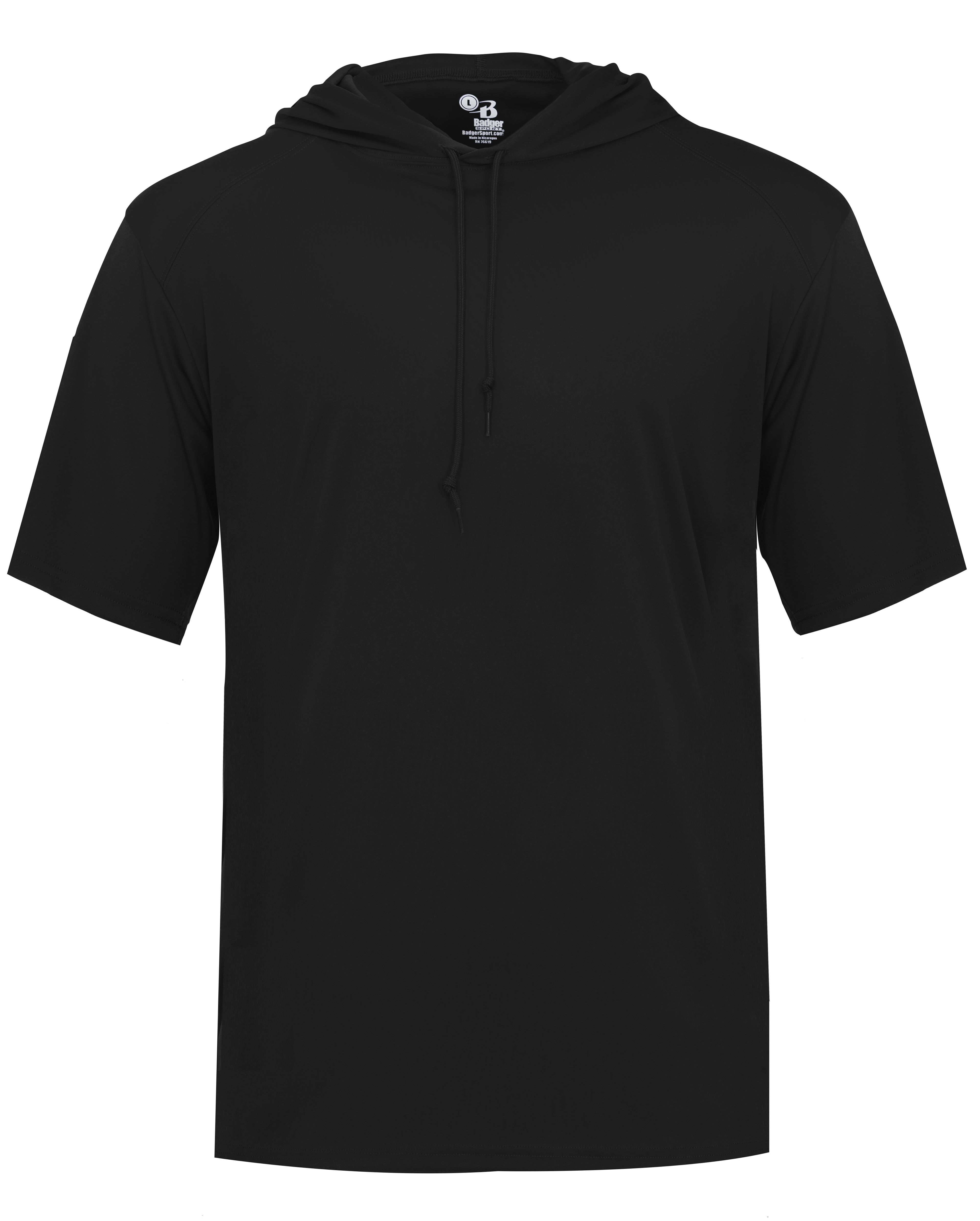 Black short-sleeve hoodie on a white background