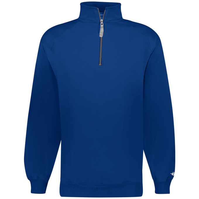 Blue pullover with a quarter zip on a white background