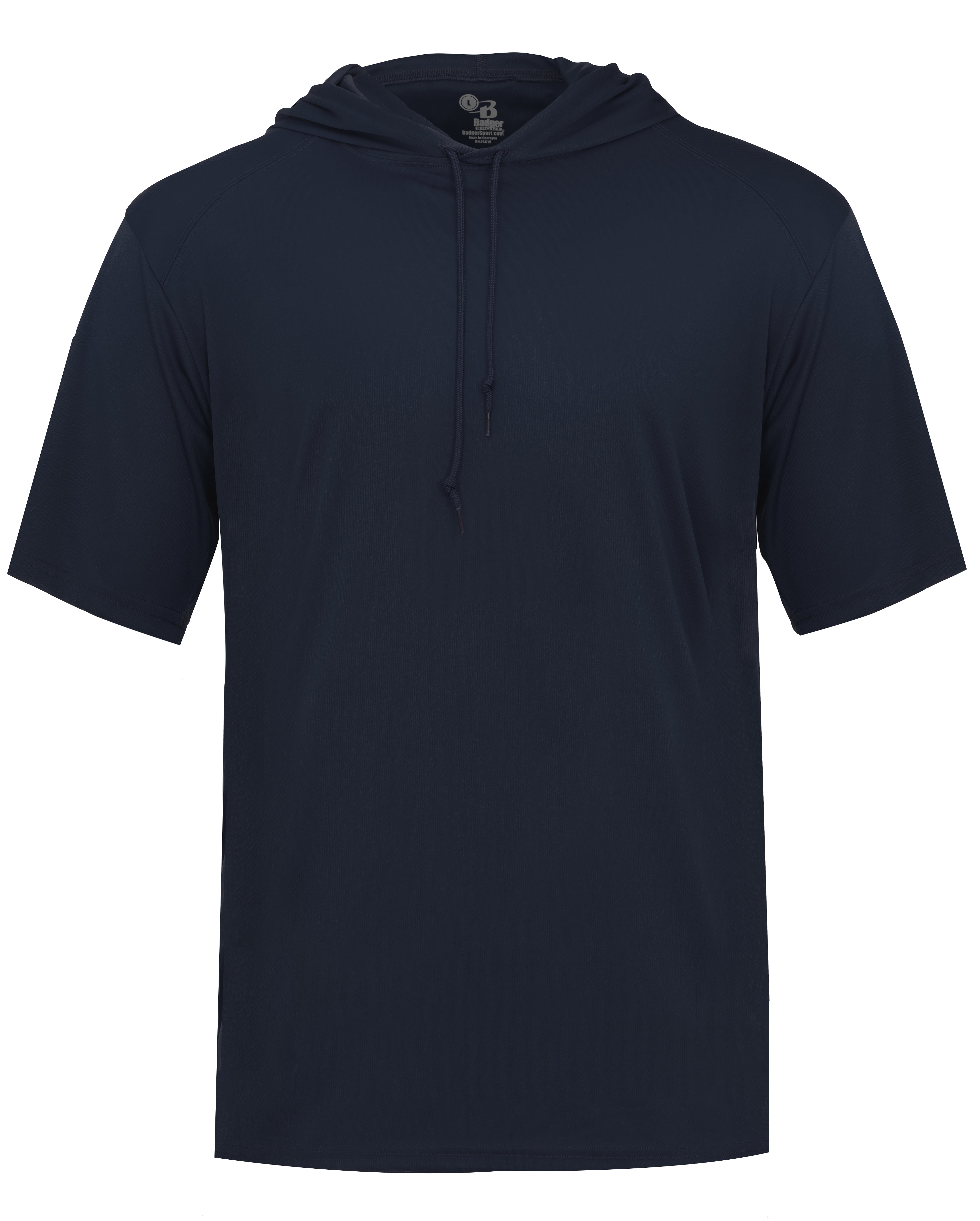 Navy blue hoodie with short sleeves on a white background
