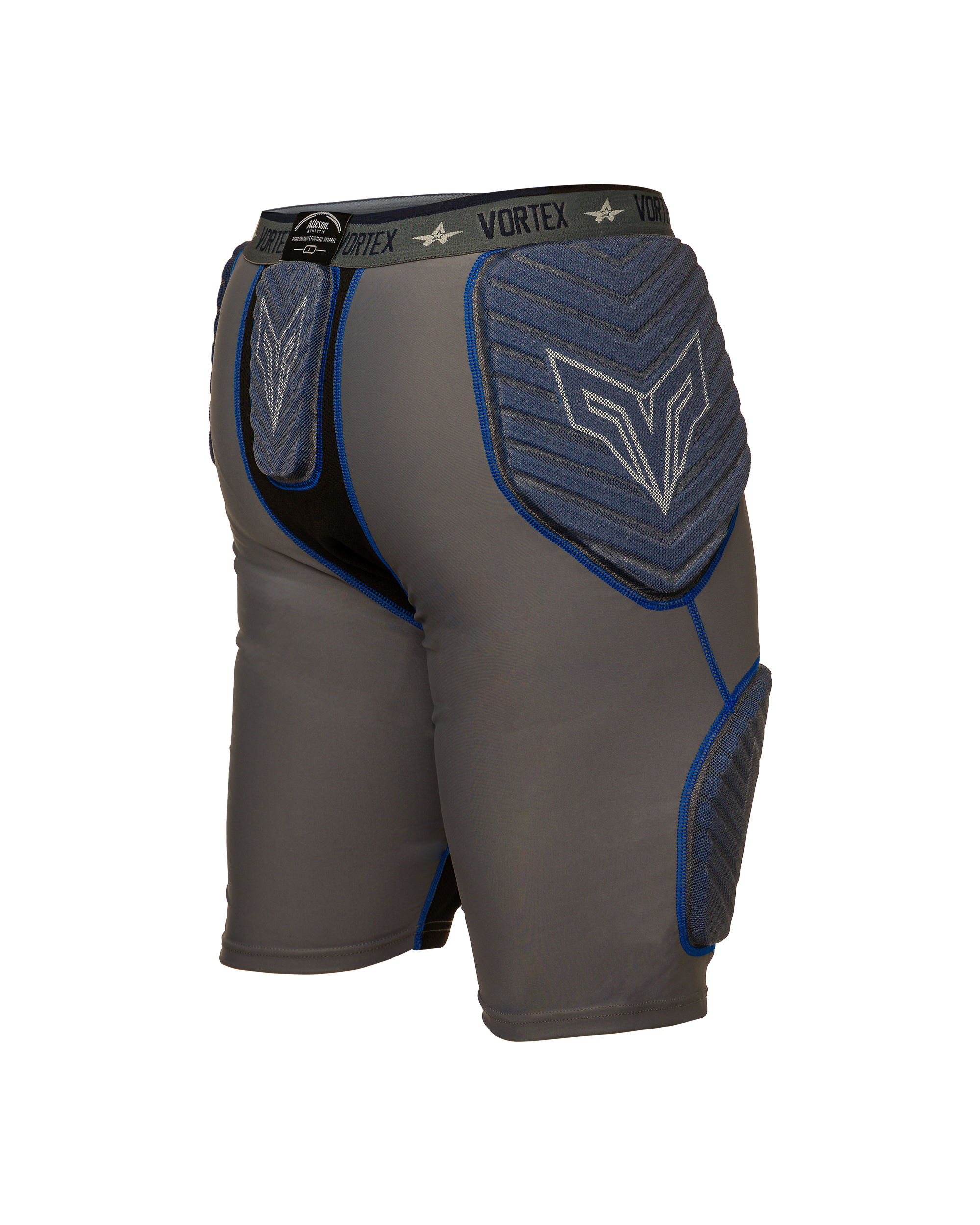 Gray and blue protective shorts with 'Vortex' branding on a white background