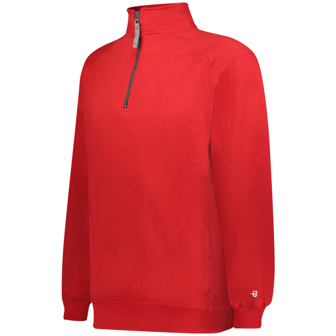 Red sweatshirt with a quarter zip on a white background