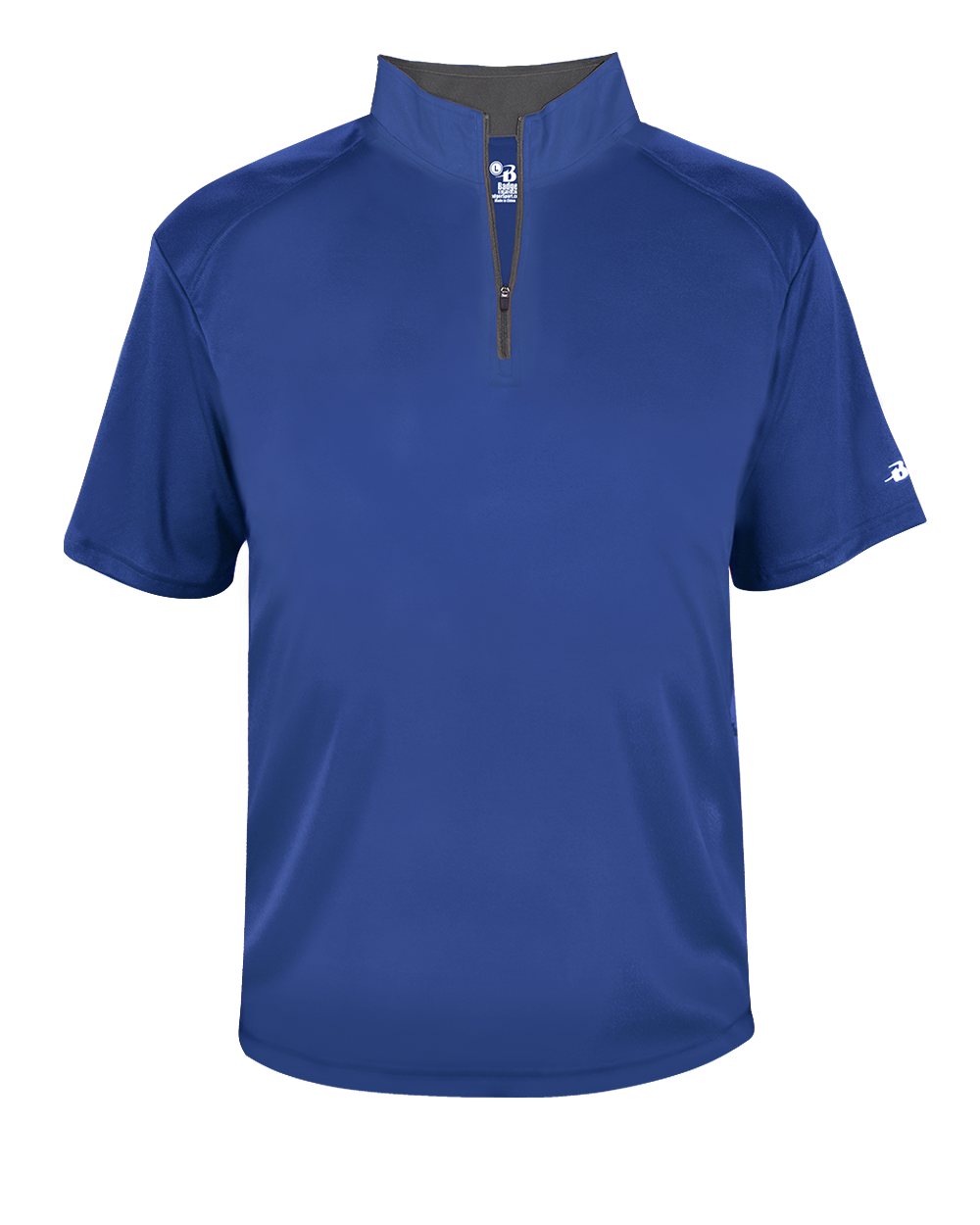 Blue short-sleeve pullover with a zipper on a white background