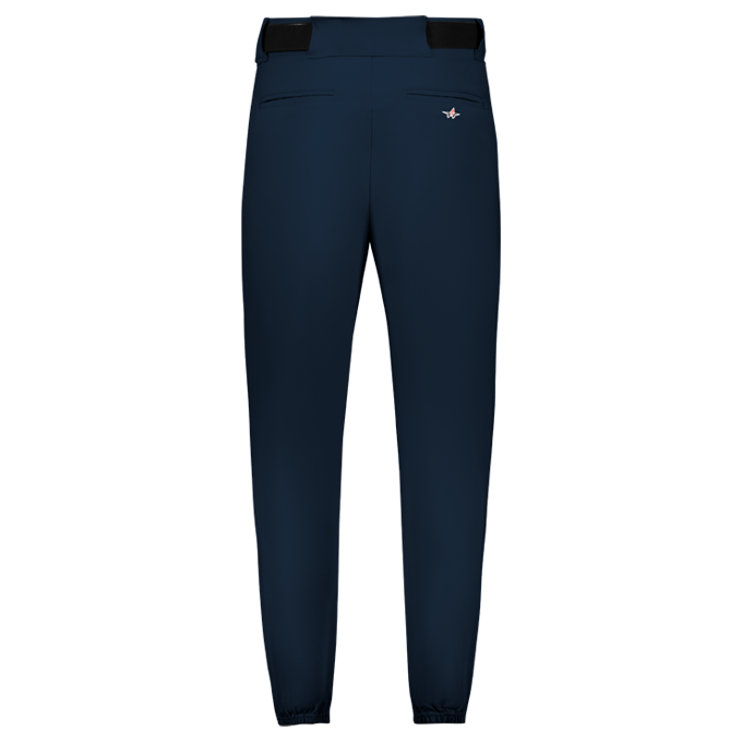 Navy blue pants with a brand logo on a white background