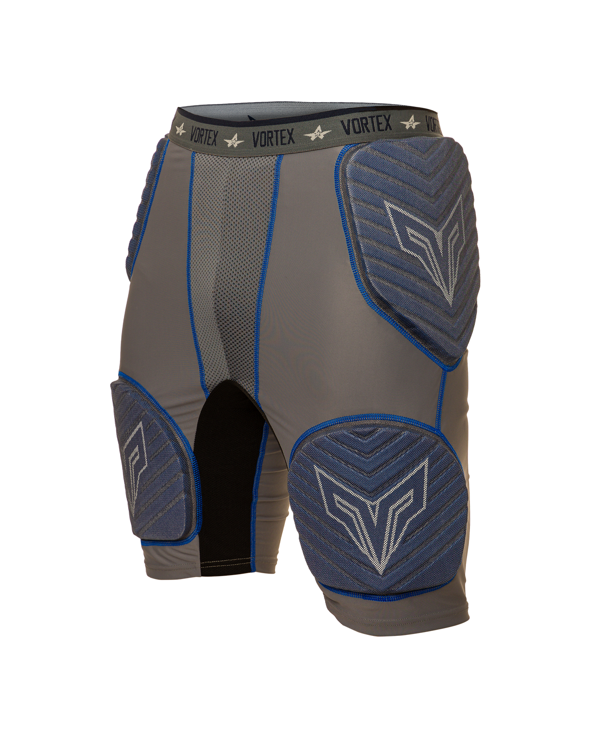Gray and blue protective shorts with 'Vortex' branding on a white background