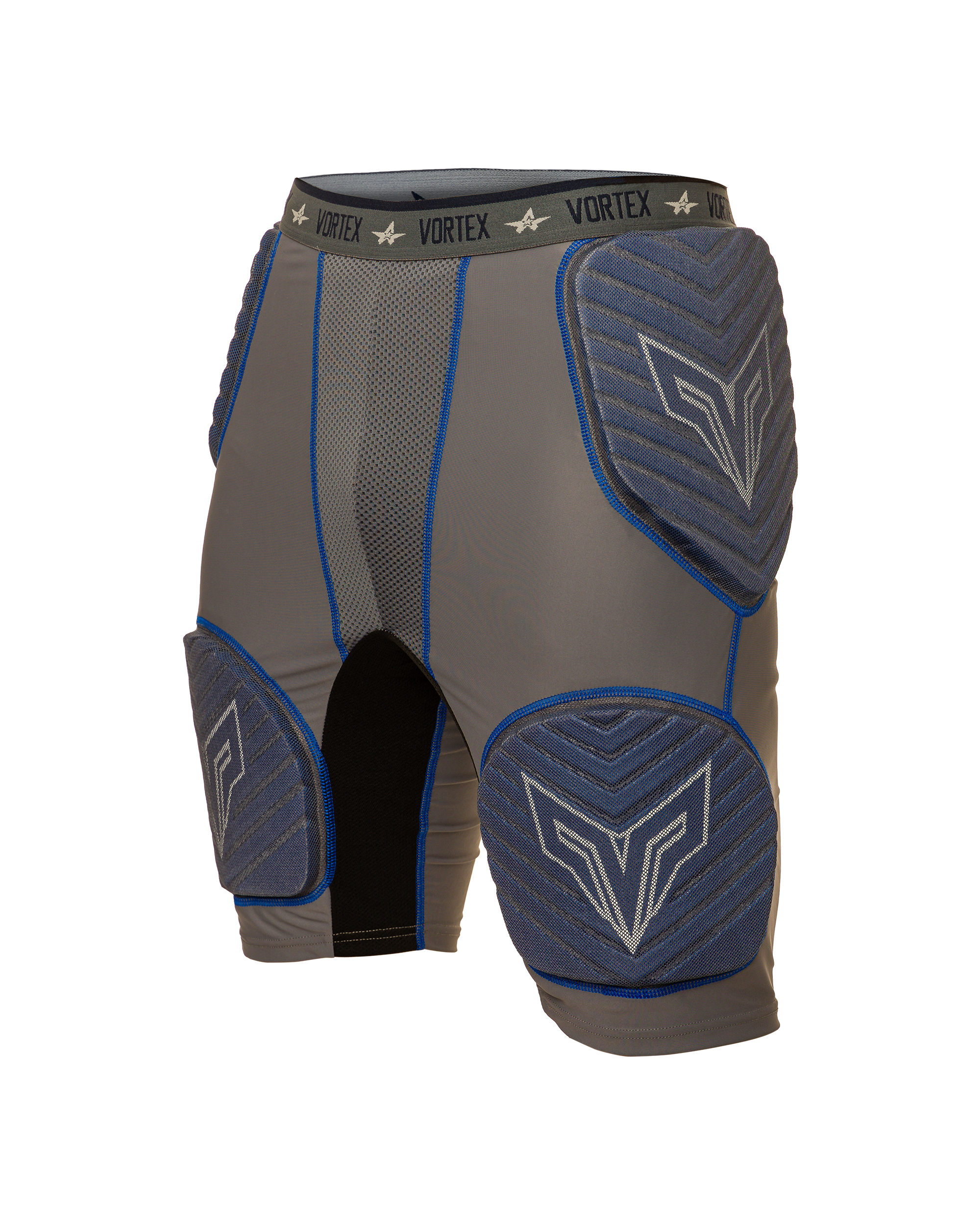 Gray and blue protective shorts with 'Vortex' branding on a white background