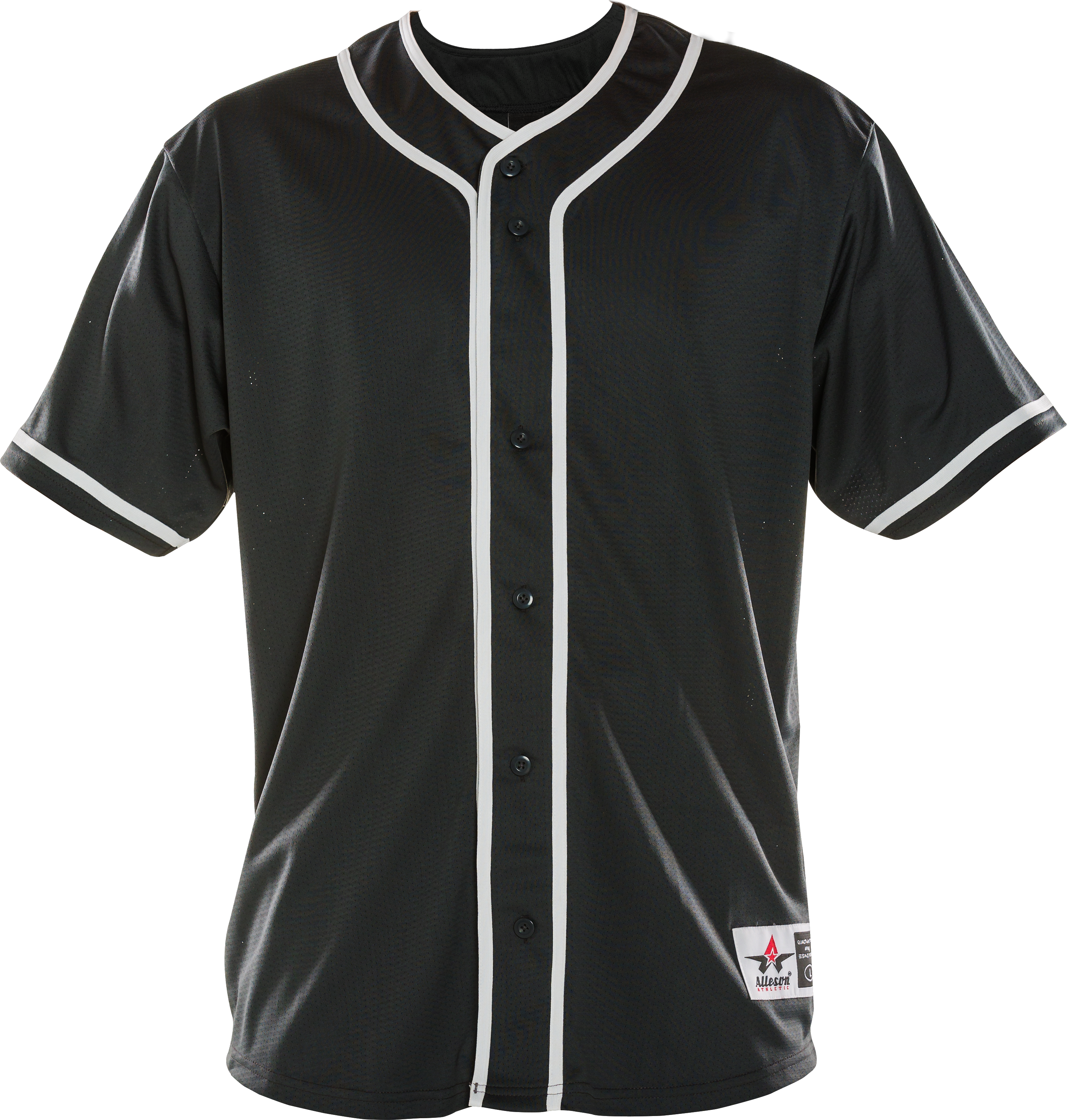 Black baseball jersey with white accents on a white background