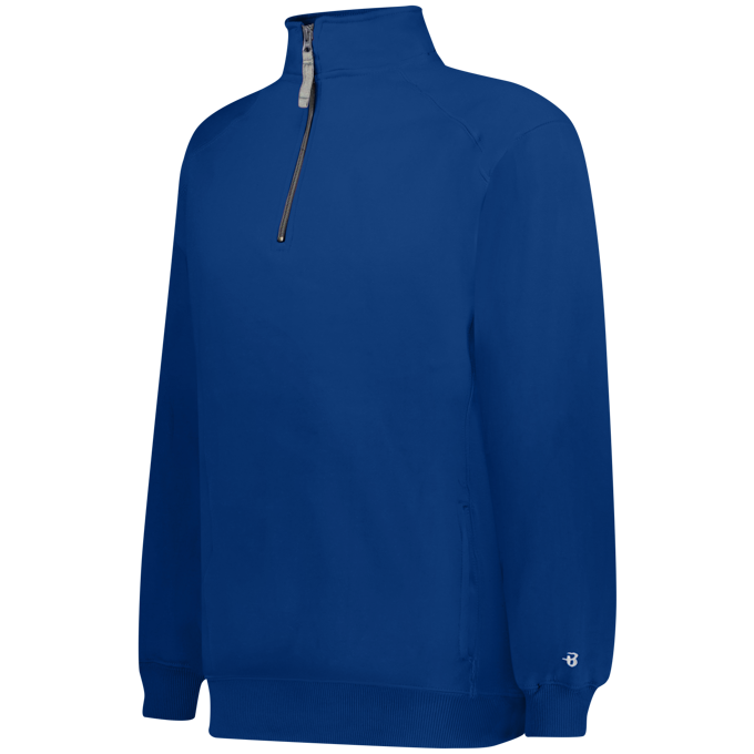 Blue pullover with a quarter zip on a white background