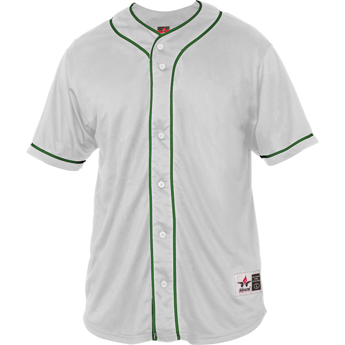 White baseball jersey with green accents on a white background