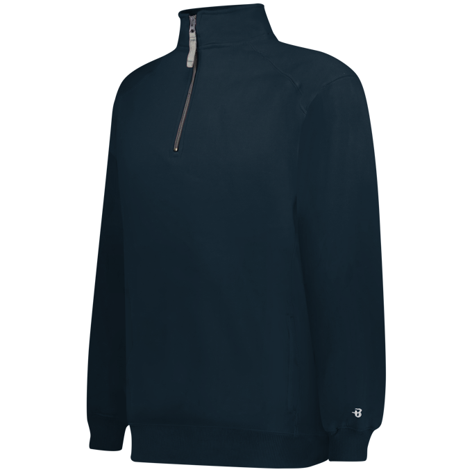 Navy blue pullover with a quarter-zip design on a white background