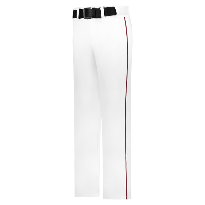 White pants with a red stripe and black belt on a white background
