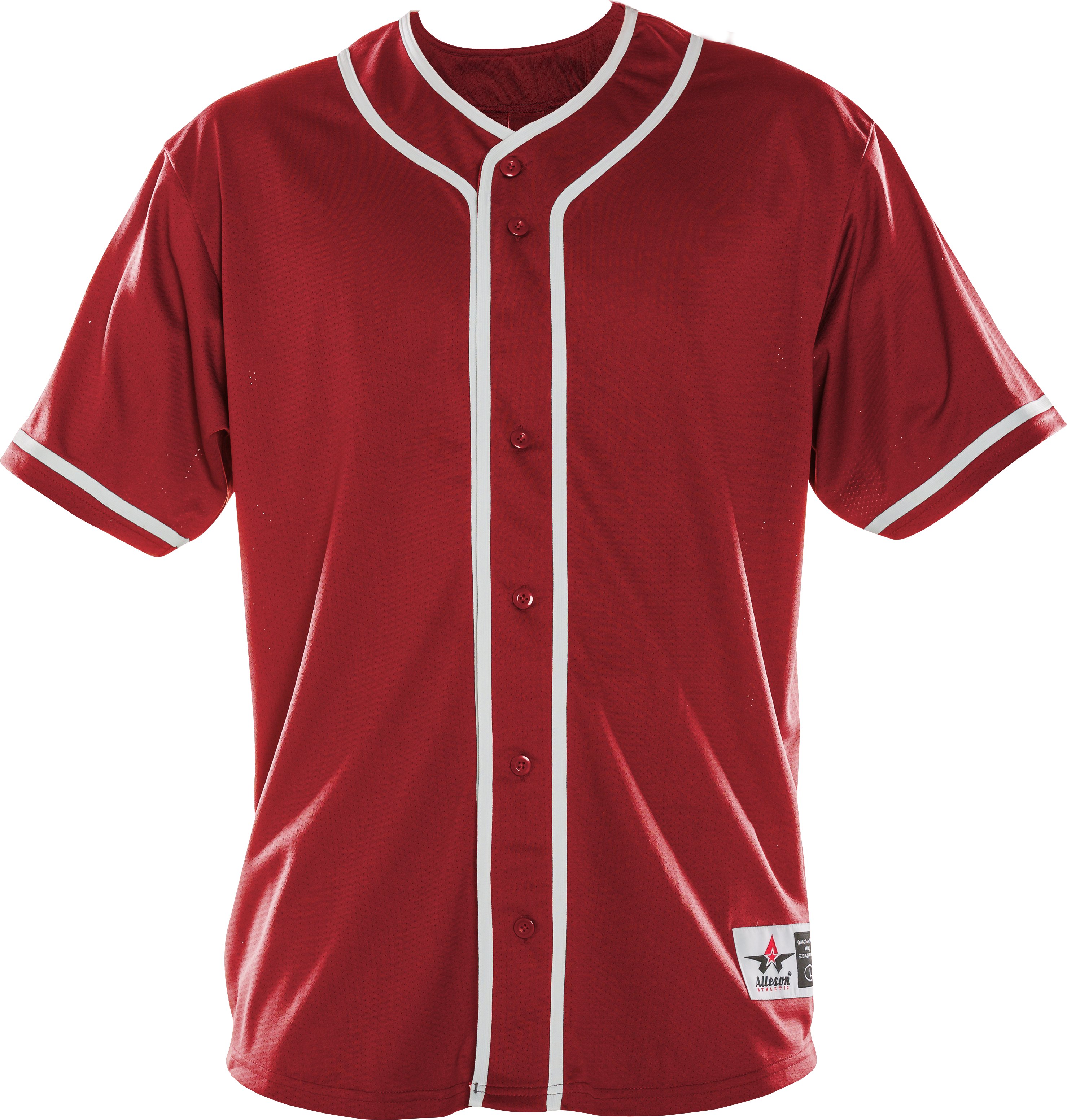 Red baseball jersey with white accents on a white background