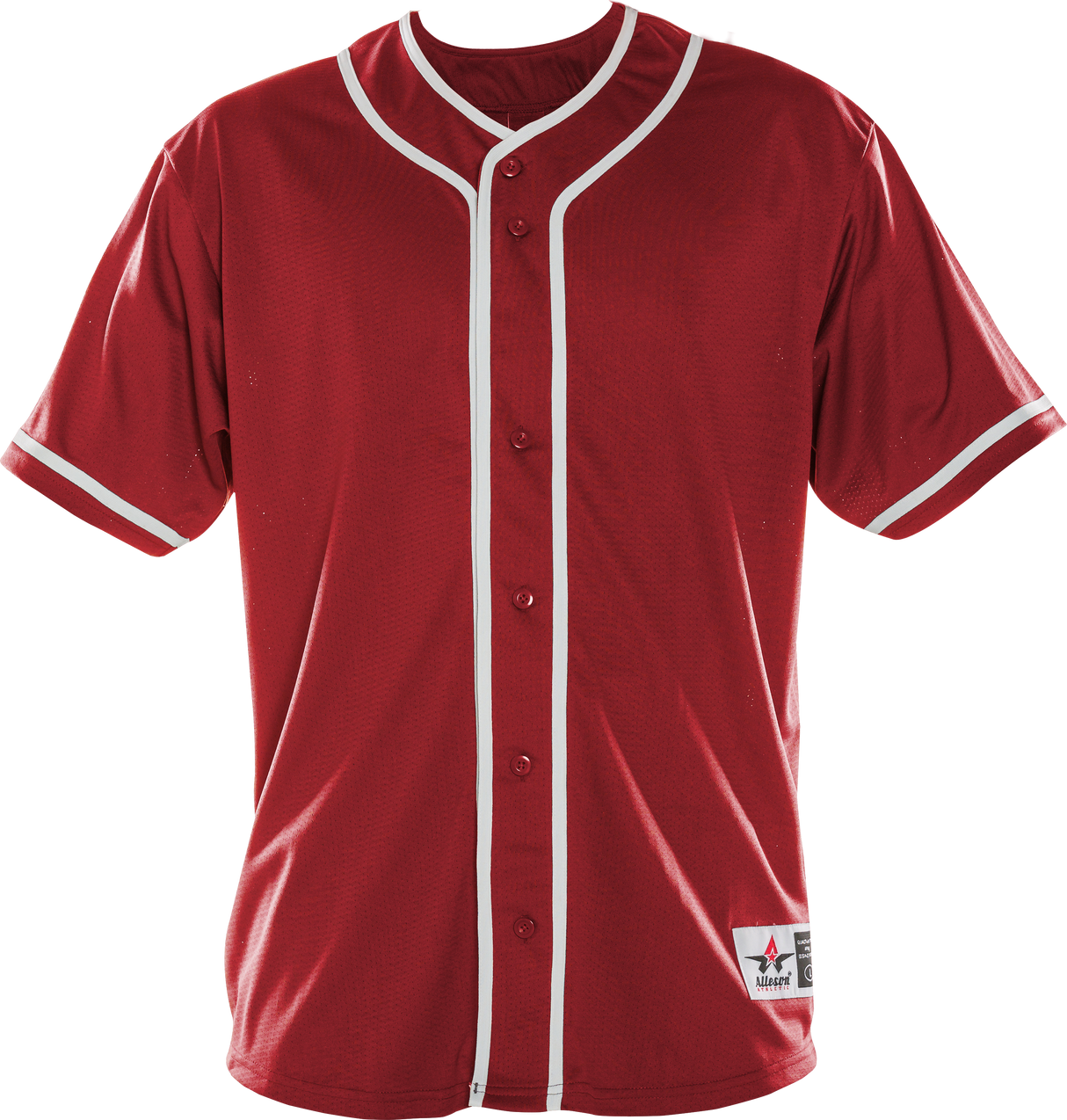 Red baseball jersey with white accents on a white background