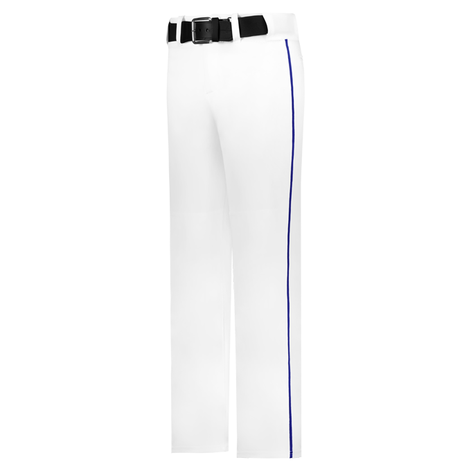 White pants with a blue stripe and black belt on a white background
