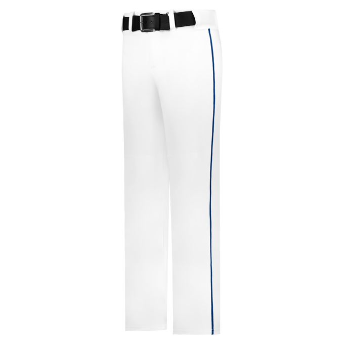 White pants with a black belt and blue stripe on a white background