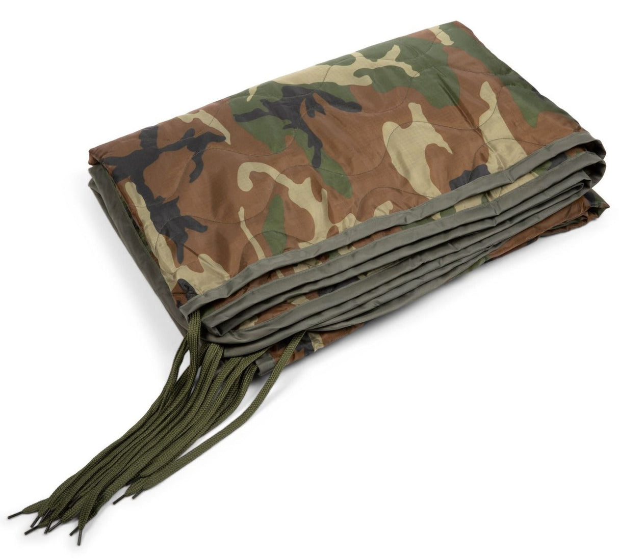 Camouflage-patterned blanket with tassels on a white background