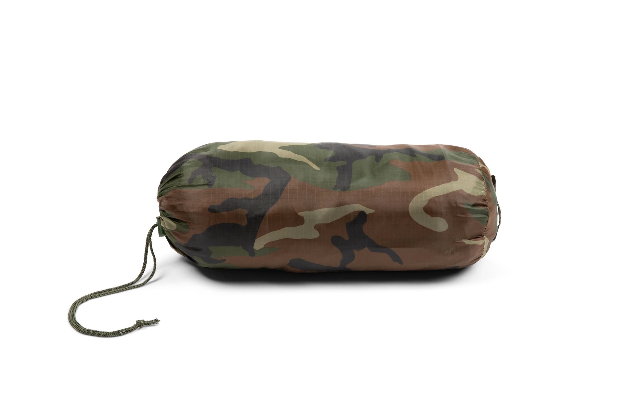 Camouflage-patterned sleeping bag on a white background